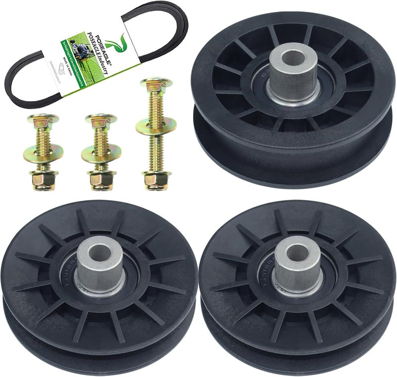 POSEAGLE 2 Pack 532194326 V-Groove Idler Pulley with 532194327 Flat Idler Pulley 592855201 Belt 1/2x93 and Hardware Kit for Husqvarna YTH22v46 YTH24v48 YTH20k46 YTH2348 YTH1542xp LGT2654 Ride Mowers - Image 1